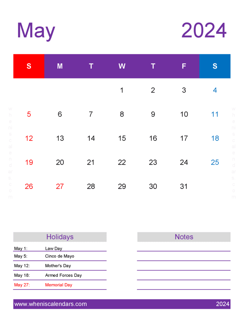 printable Calendar 2024 with Holidays free A4 in Horizontal Landscape