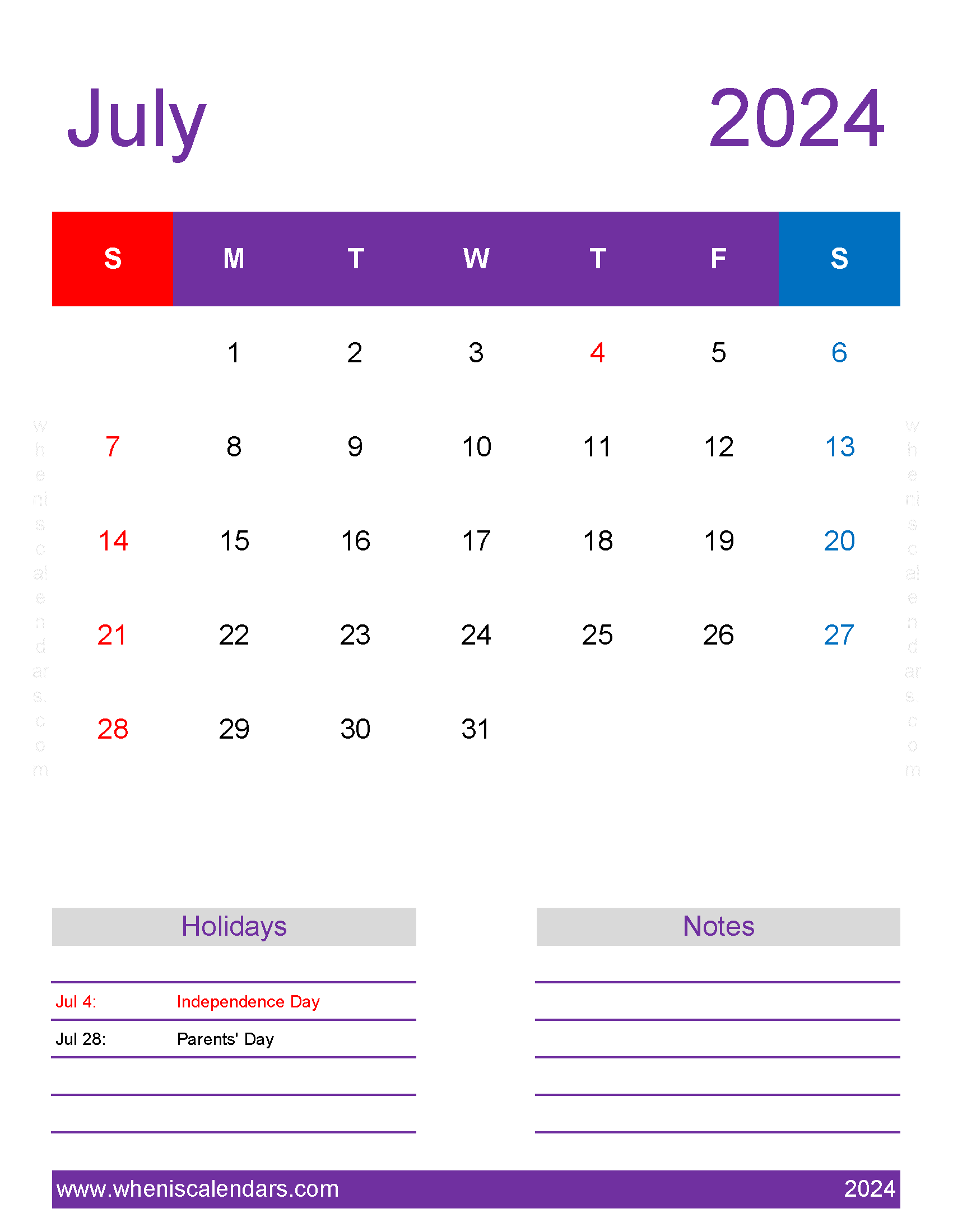 July 2024 Calendar editable Monthly Calendar