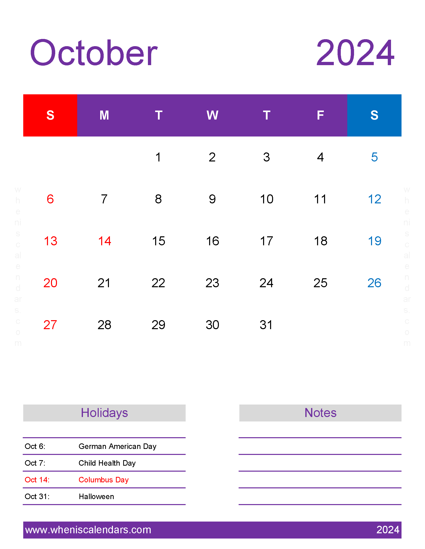 October 2024 Calendar editable Monthly Calendar