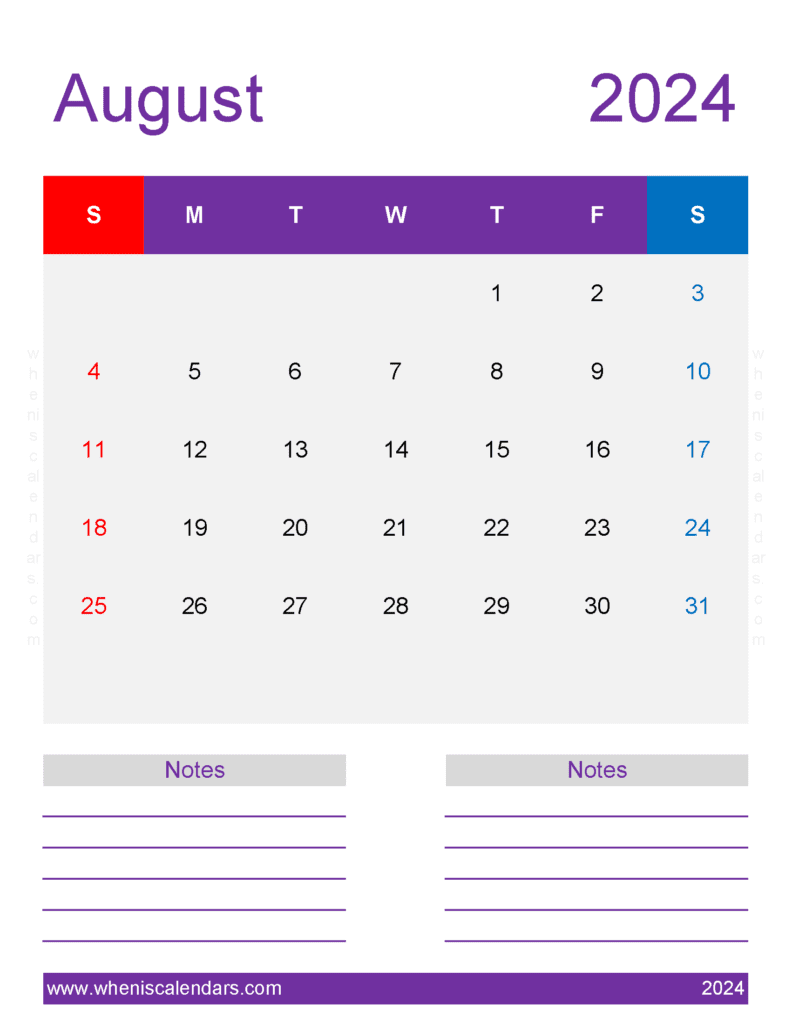 Printable Calendar page August 2024 Monthly Calendar