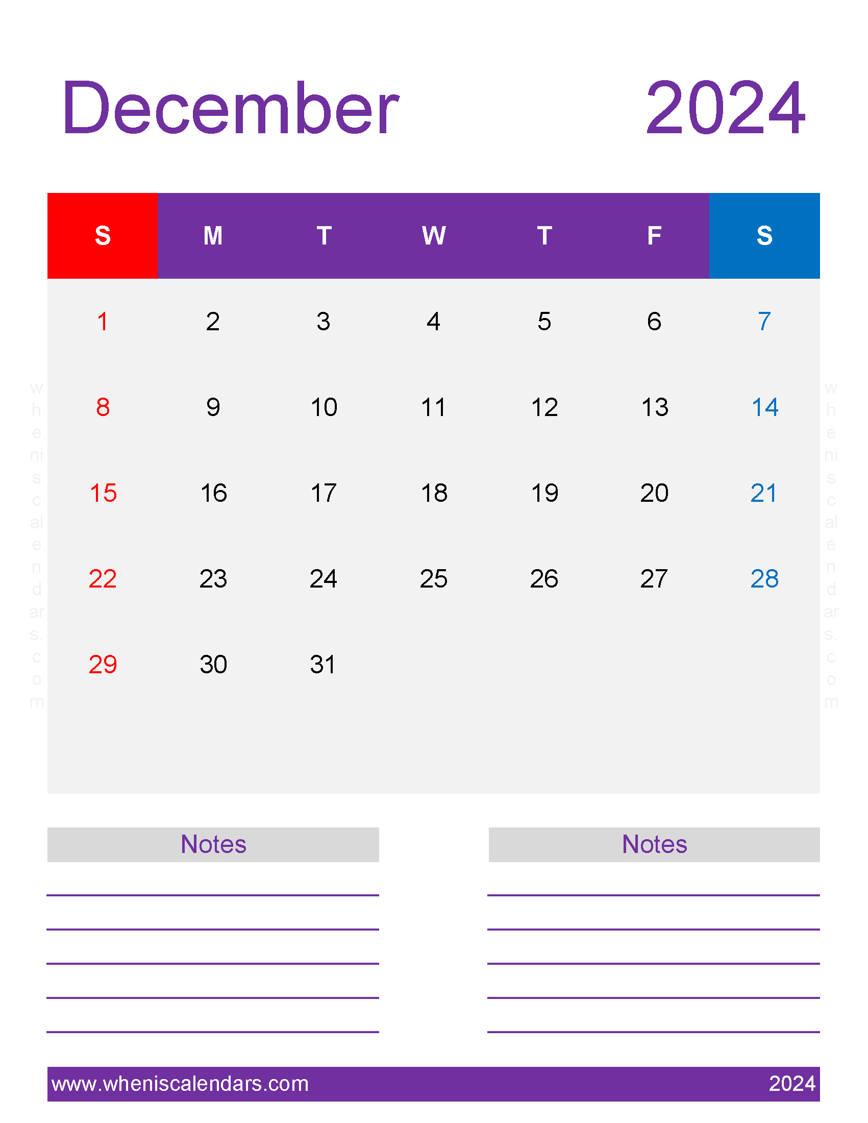 Printable Calendar page December 2024 Monthly Calendar
