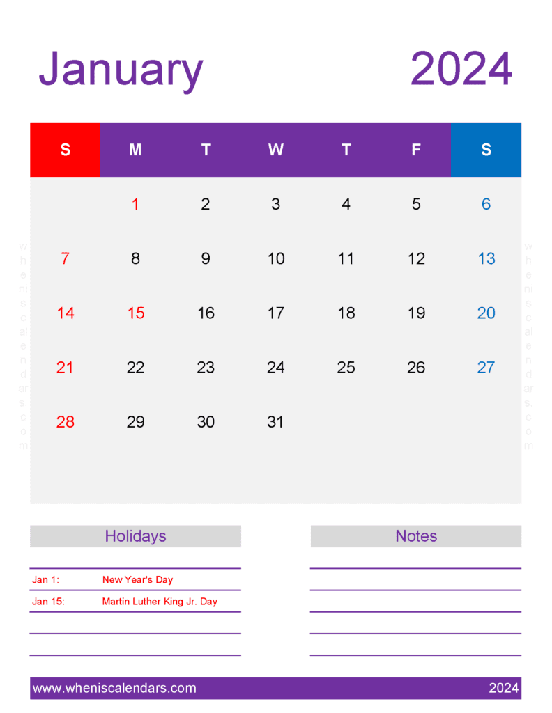 Download January month Calendar 2024 Printable Letter Vertical J4200