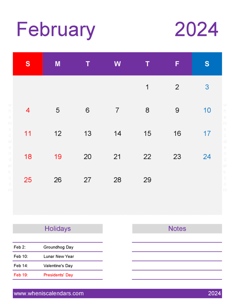 February month Calendar 2024 Printable Monthly Calendar