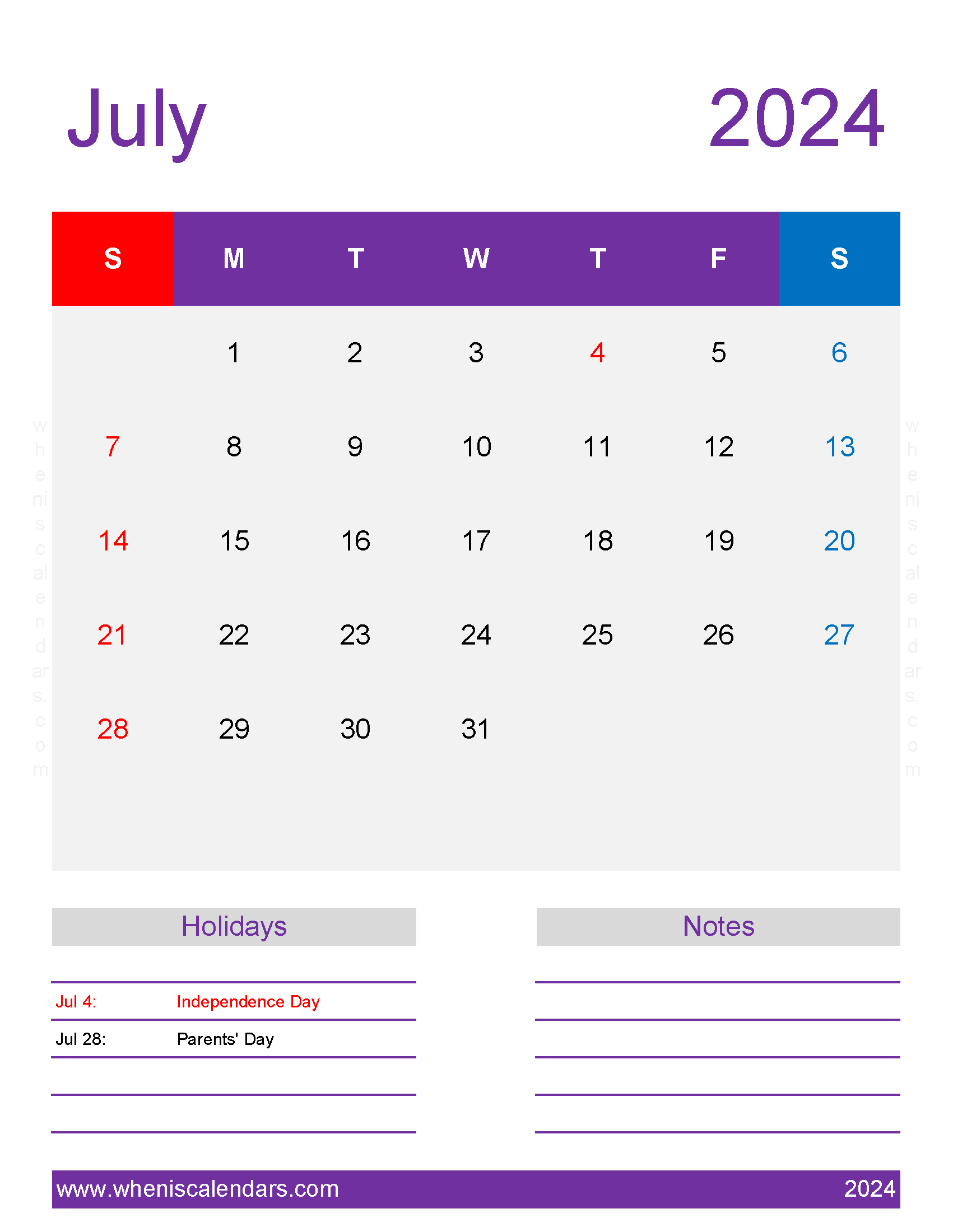 July month Calendar 2024 Printable Monthly Calendar