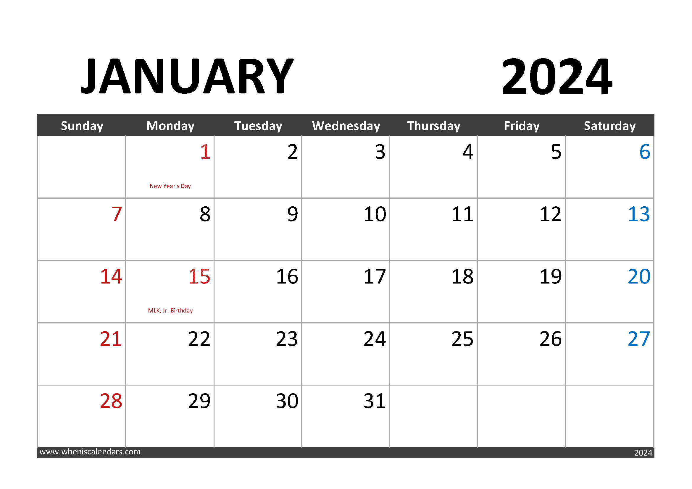 Printable January 2024 Calendar with Holidays Monthly Calendar