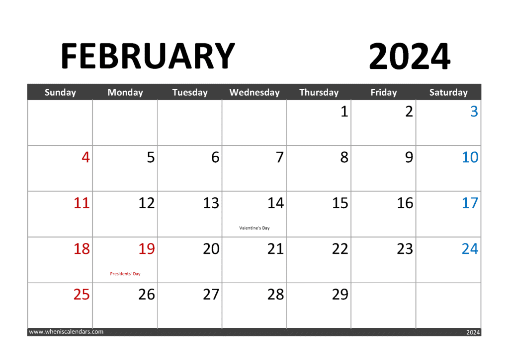 Download Printable February 2024 Calendar with Holidays A4 Horizontal F4001