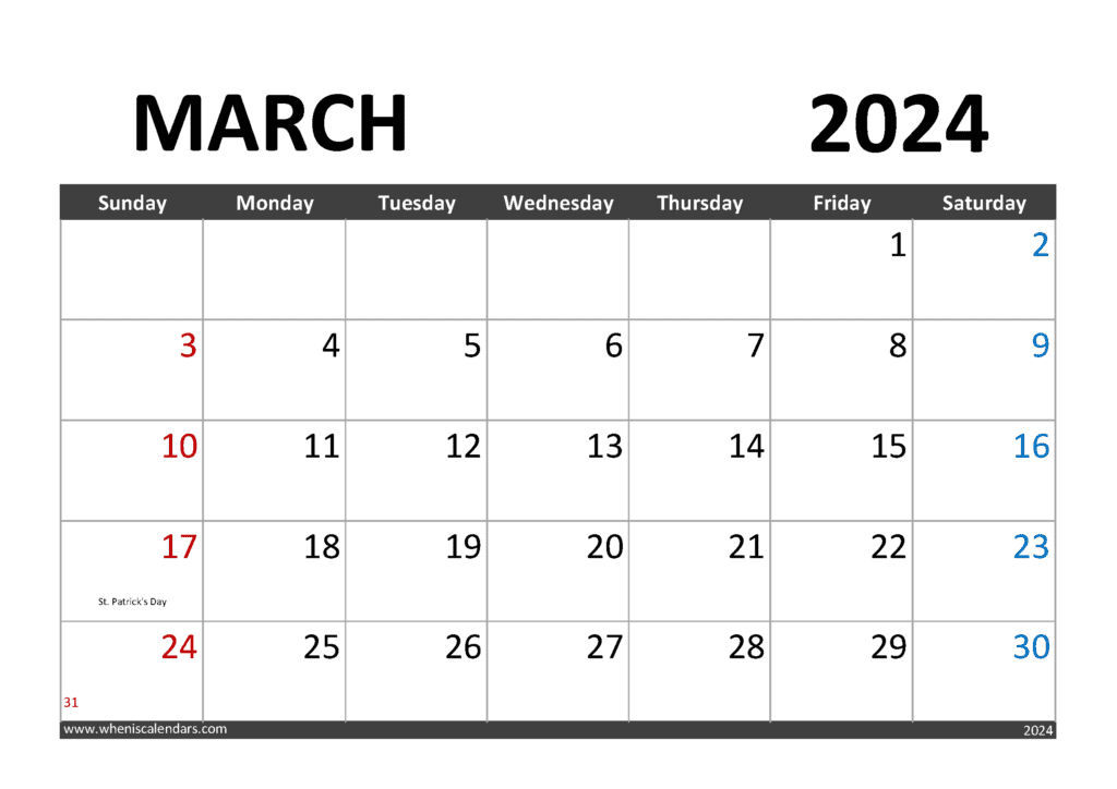 Download Printable March 2024 Calendar with Holidays A4 Horizontal M34001