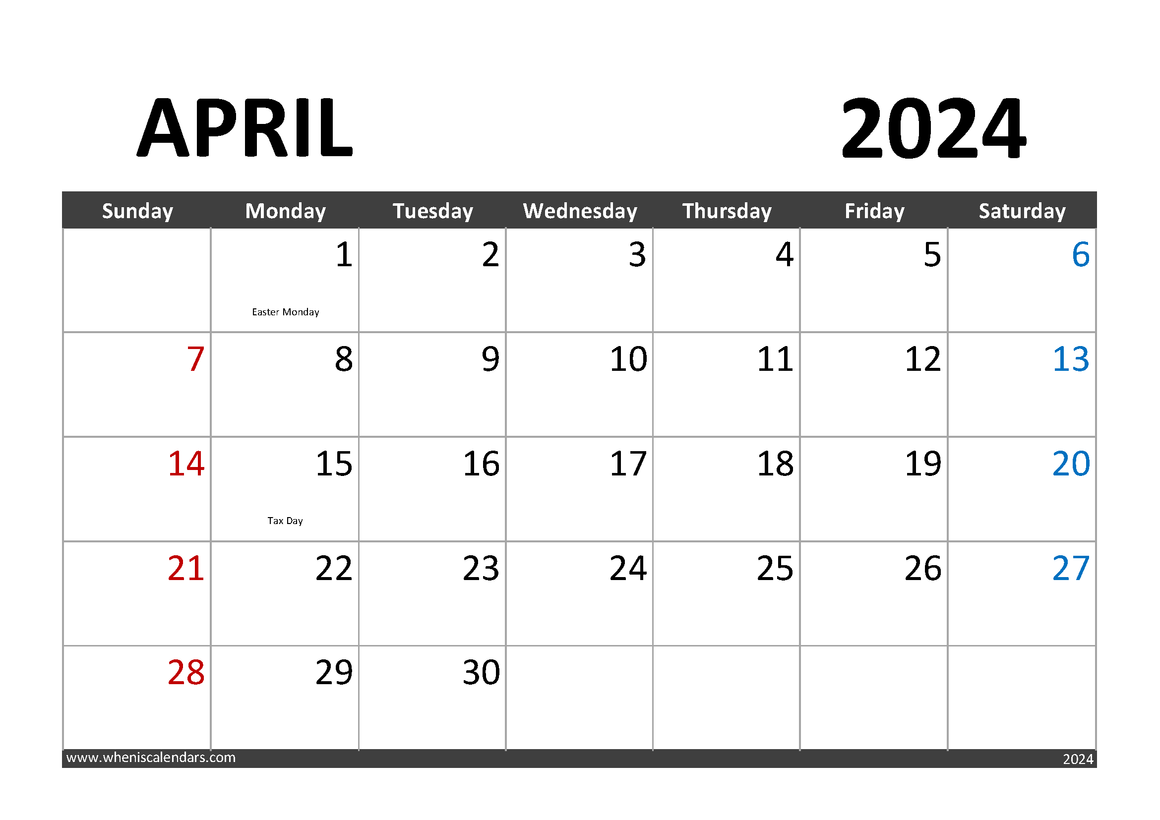 Free Printable April 2024 Calendar with Holidays Monthly Calendar
