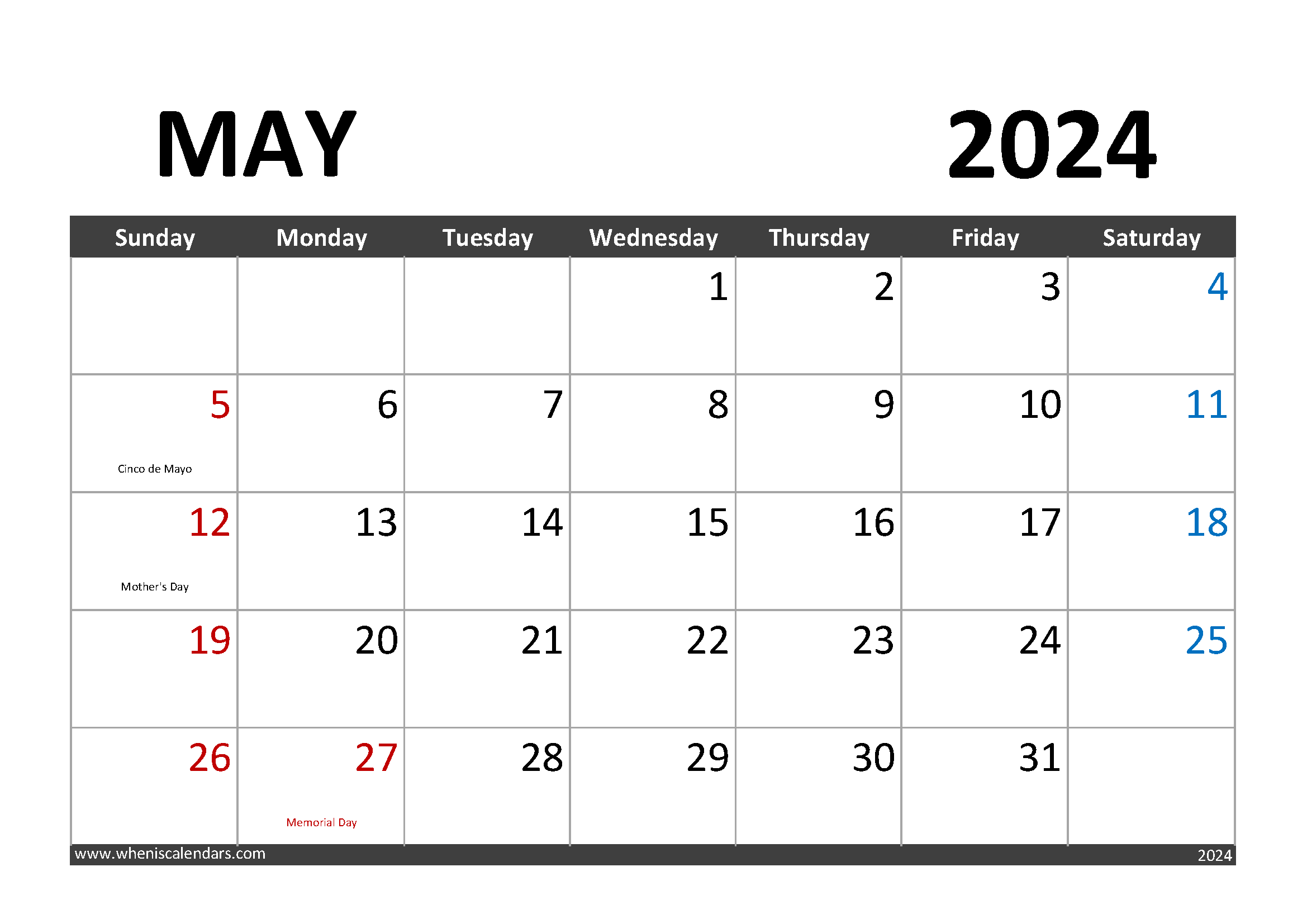 Free Printable May 2024 Calendar with Holidays Monthly Calendar