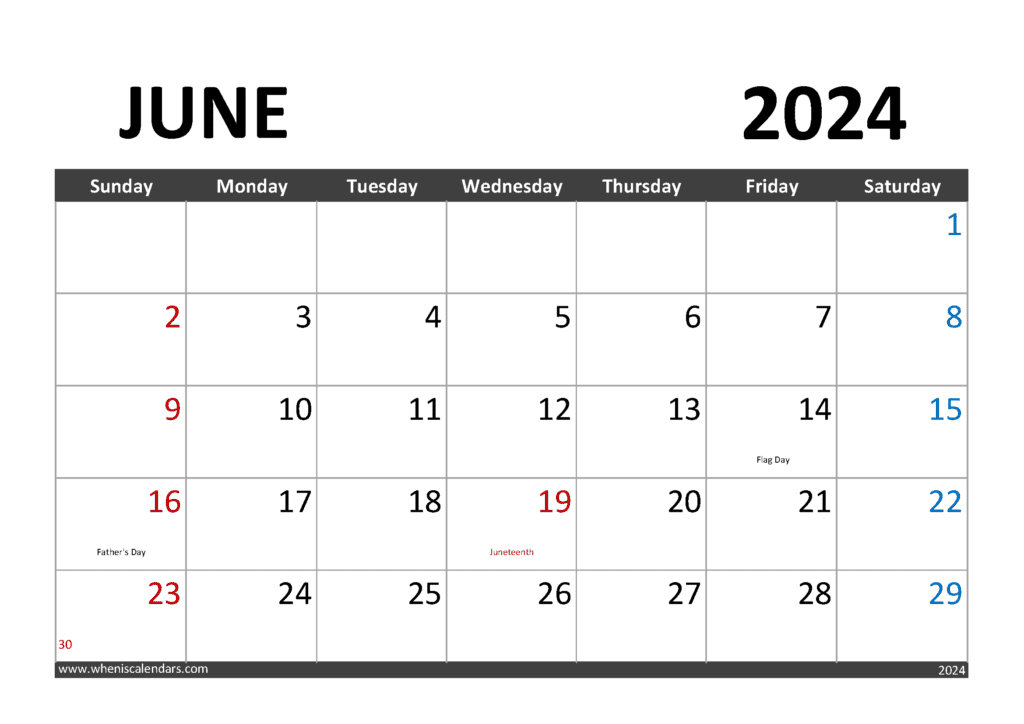 Printable June 2024 Calendar with Holidays J64001
