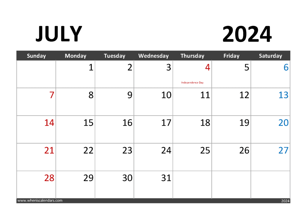 Download Printable July 2024 Calendar with Holidays A4 Horizontal J74001