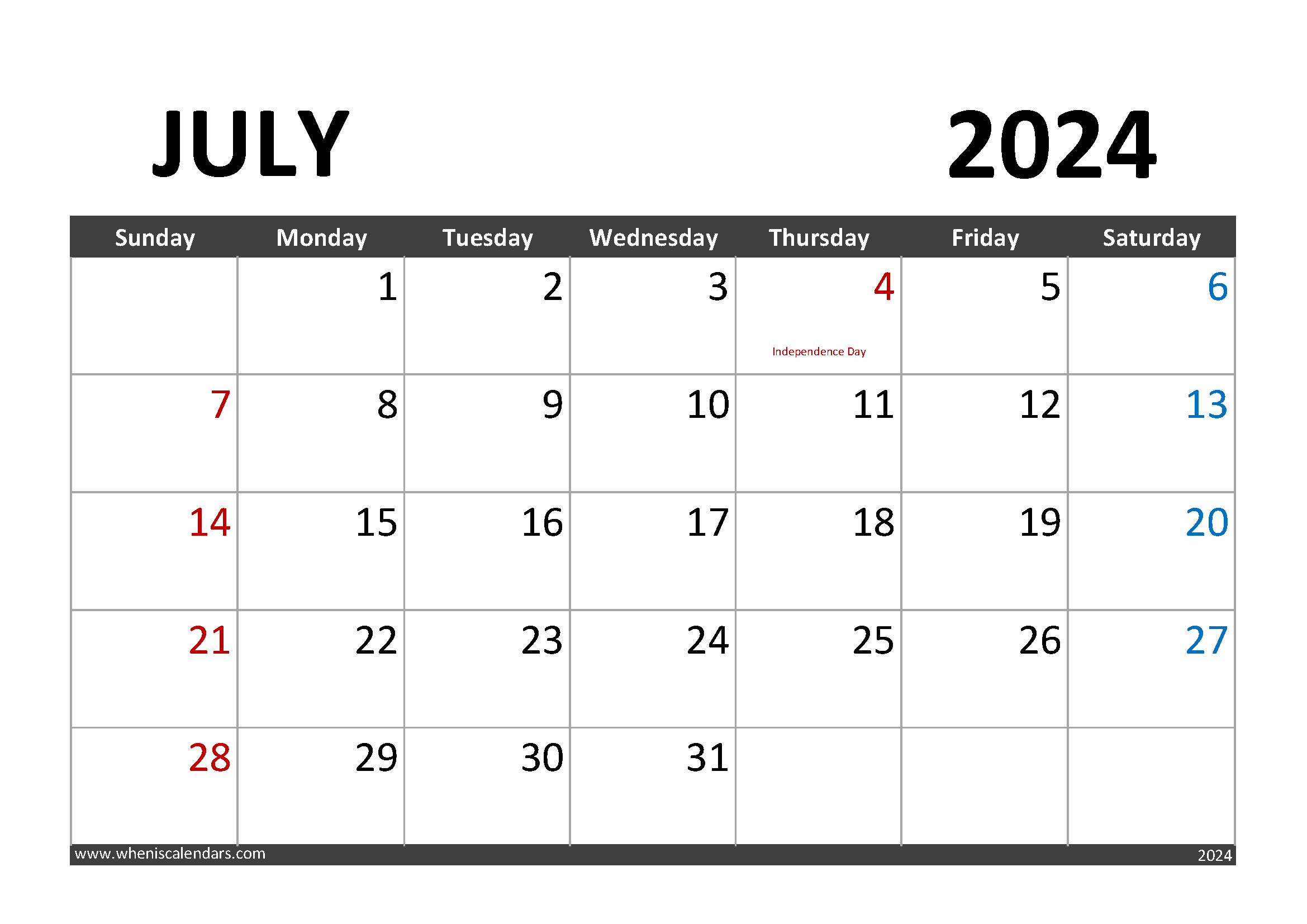 Free Printable July 2024 Calendar with Holidays Monthly Calendar