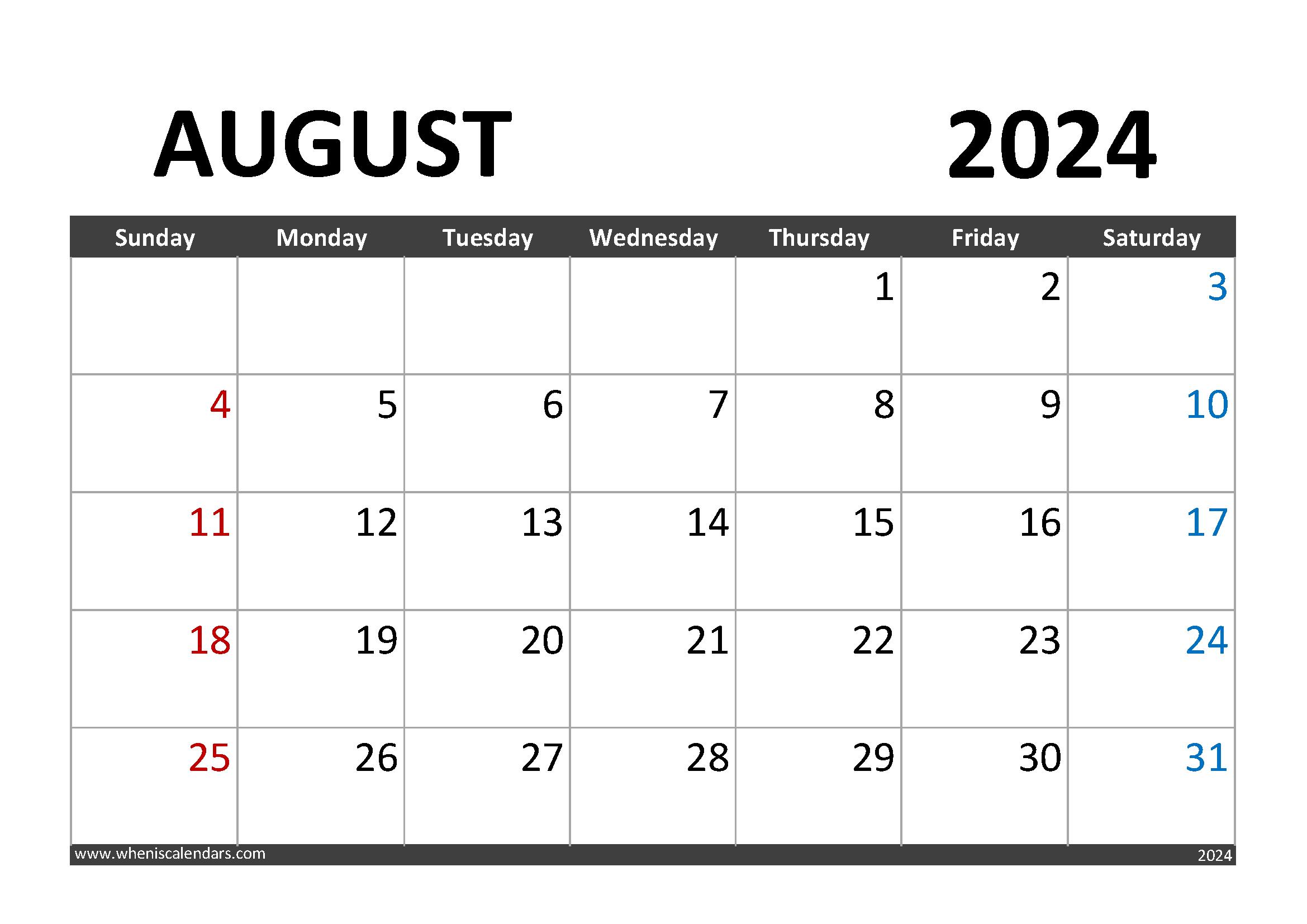 Free Printable August 2024 Calendar with Holidays Monthly Calendar