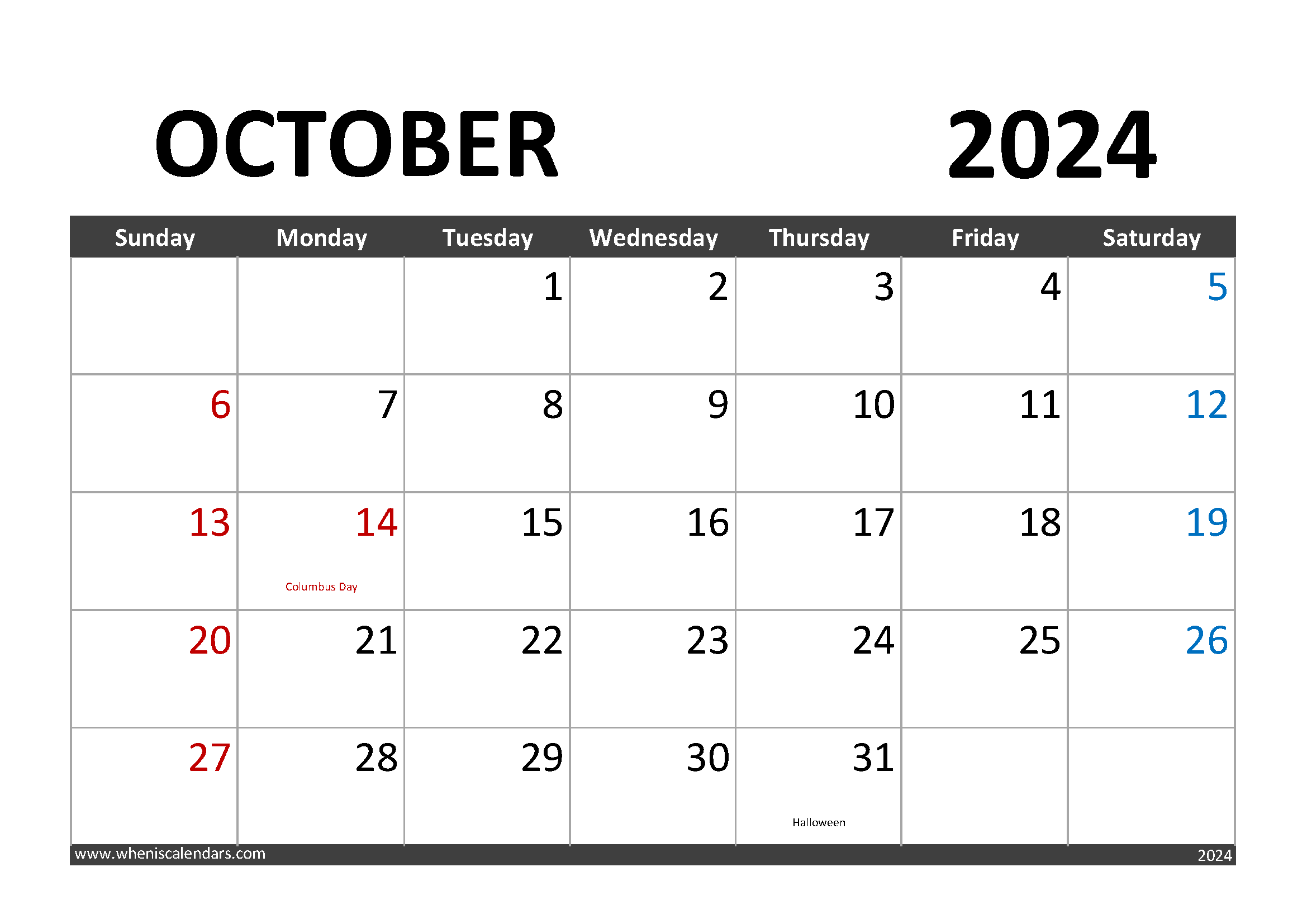 Free Printable October 2024 Calendar with Holidays Monthly Calendar