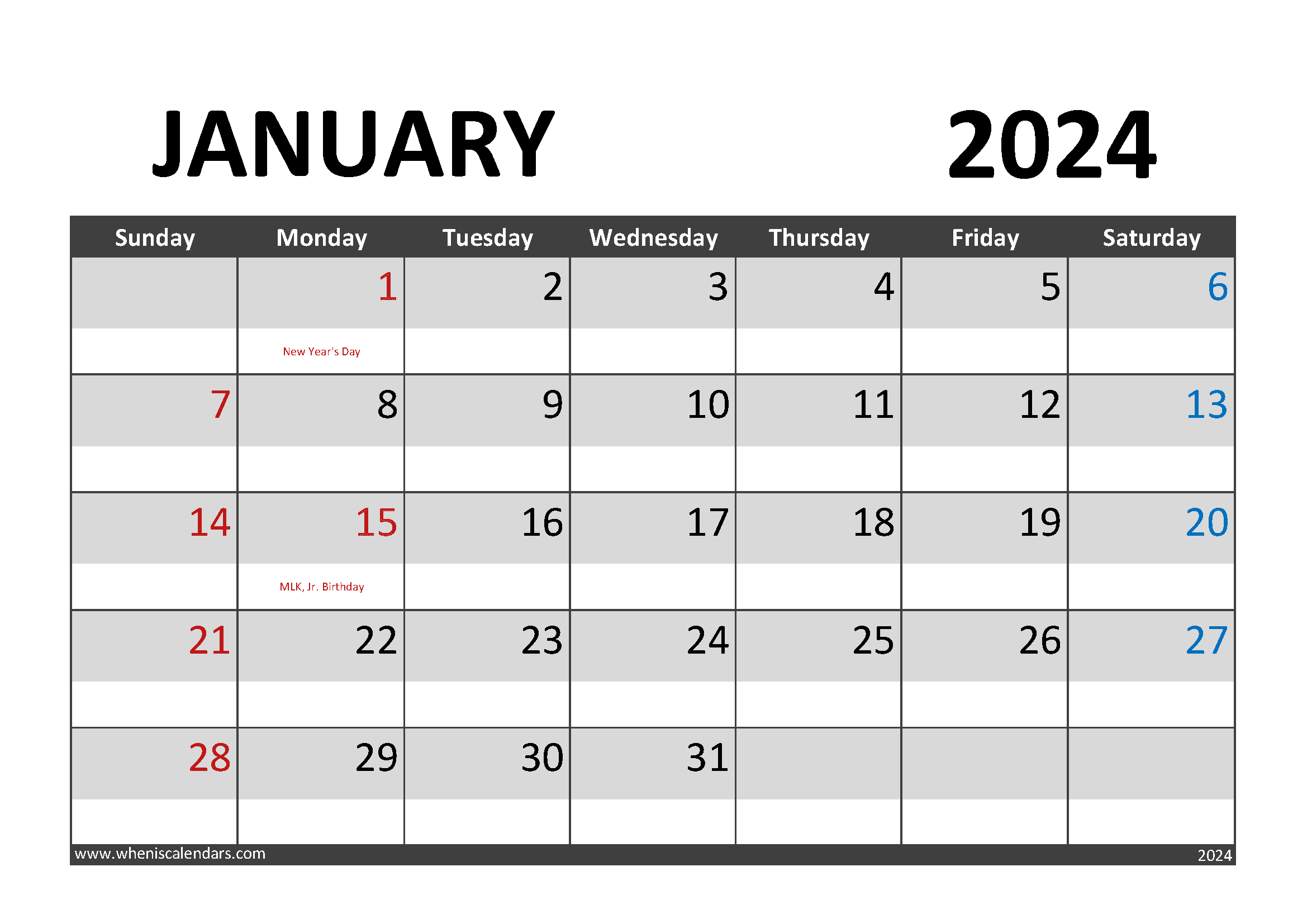 January 2024 Calendar pdf Monthly Calendar