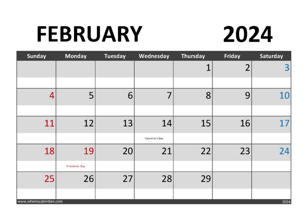 Download February 2024 Calendar pdf A4 Horizontal F4002