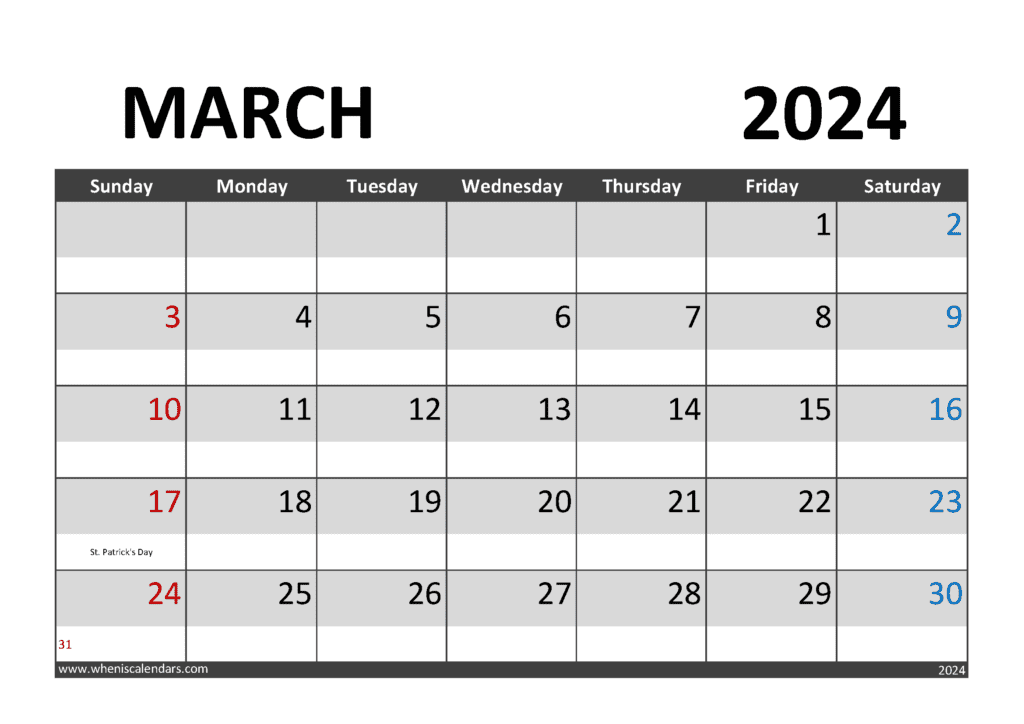 Download Printable March 2024 Calendar Printable A4 Horizontal M34282