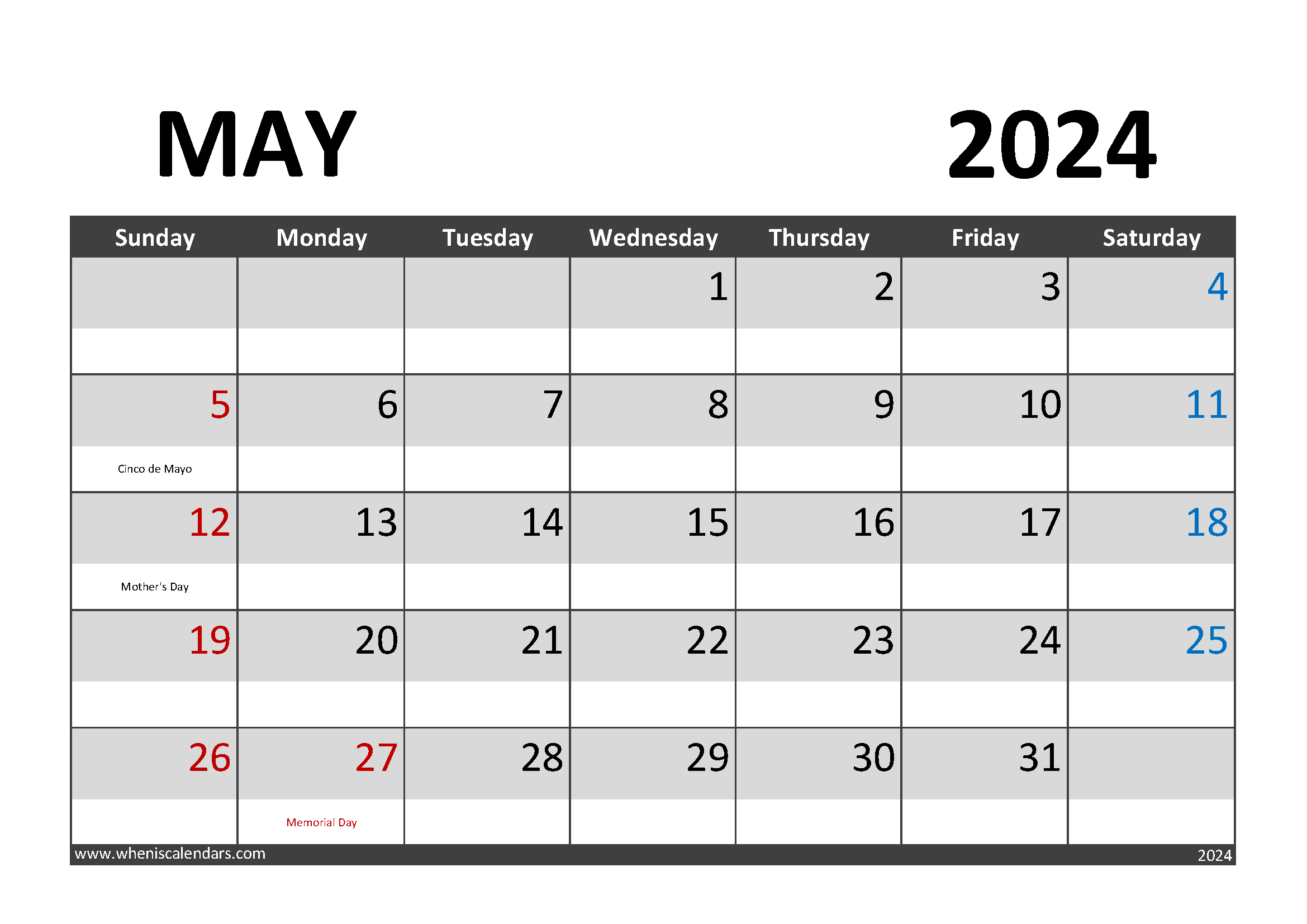 Printable May 2024 Calendar Printable Monthly Calendar