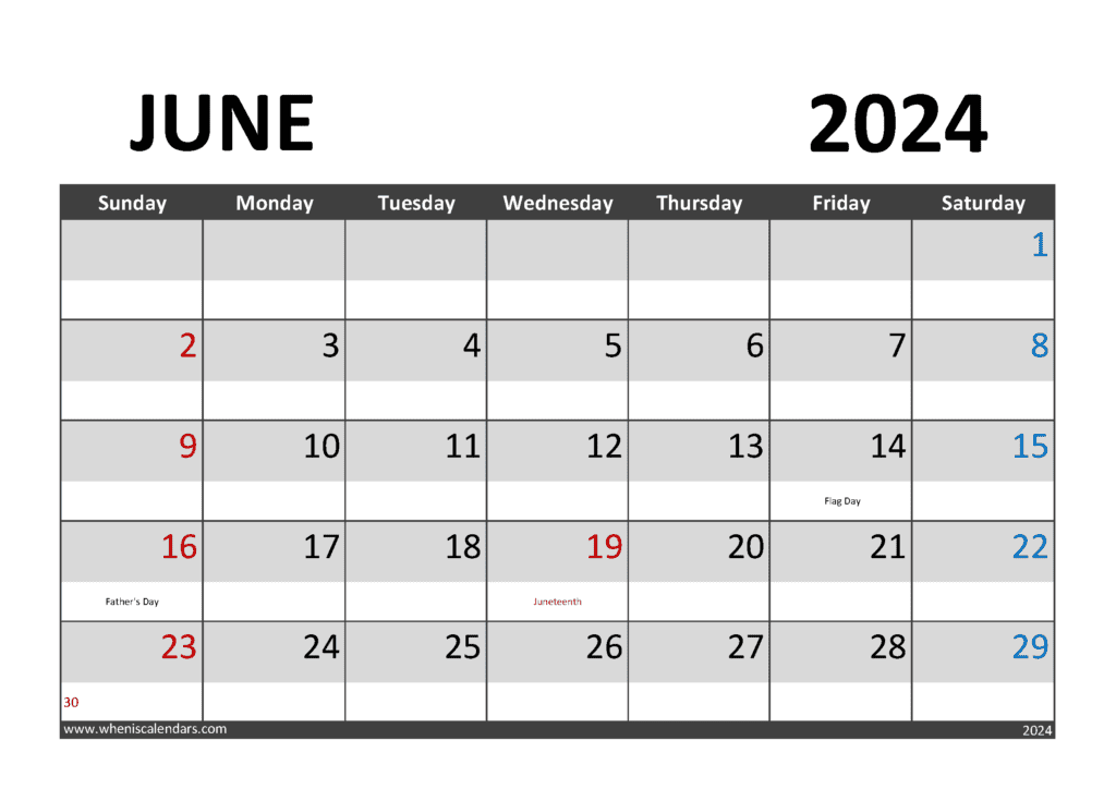 Download Printable June 2024 Calendar Printable A4 Horizontal J64282