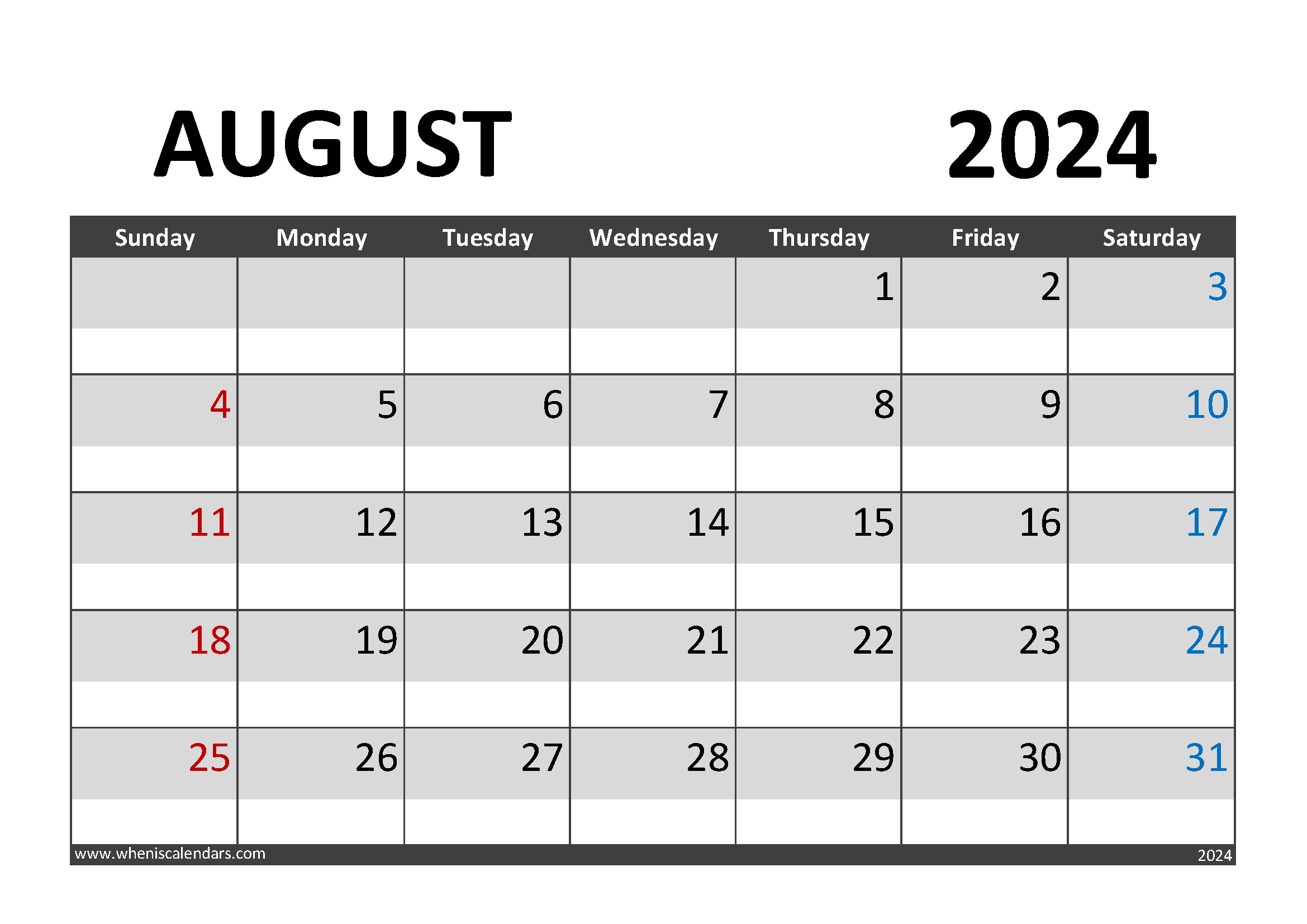 2024 Blank August Calendar Page Monthly Calendar