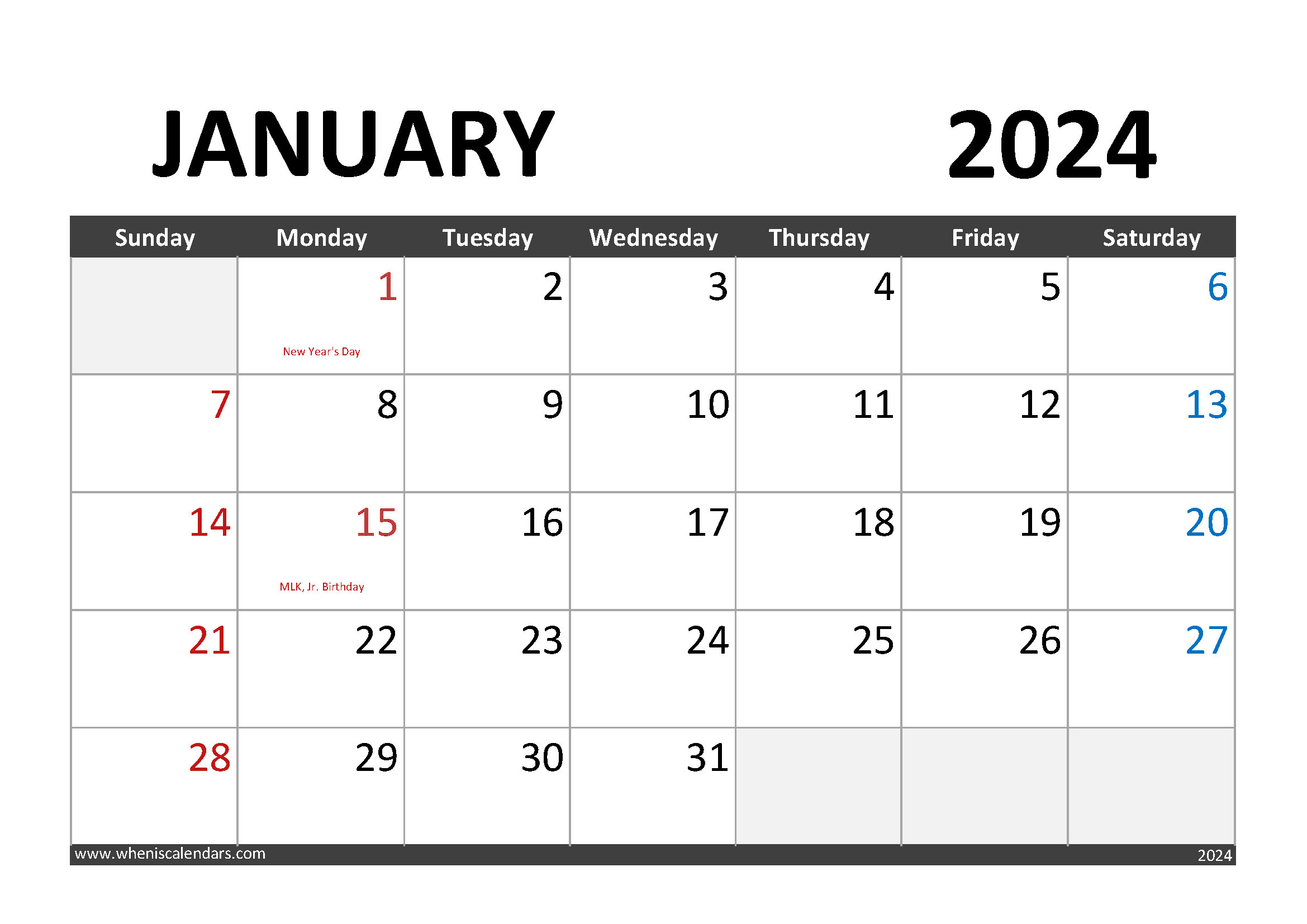 Calendar January 2024 print Monthly Calendar
