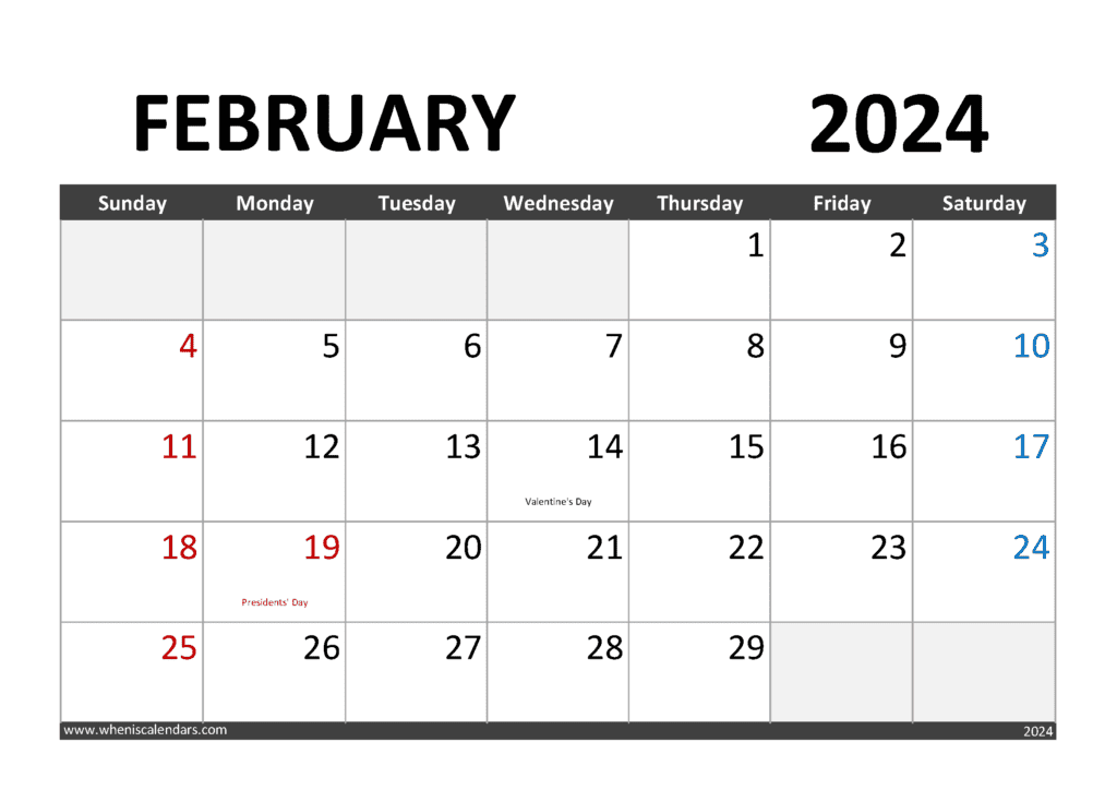 Download Calendar February 2024 print A4 Horizontal F4283