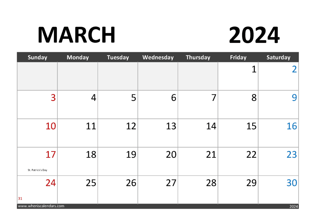 Download Calendar March 2024 print A4 Horizontal M34283
