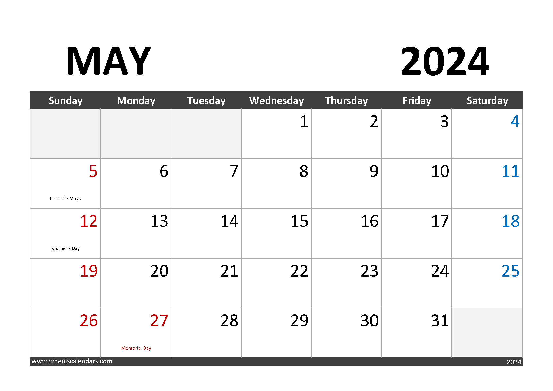 Calendar May 2024 print Monthly Calendar