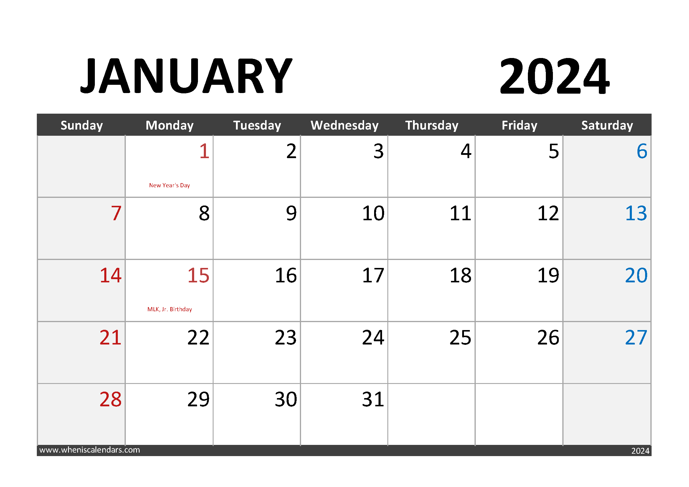 January 2024 Calendar with Holidays Monthly Calendar