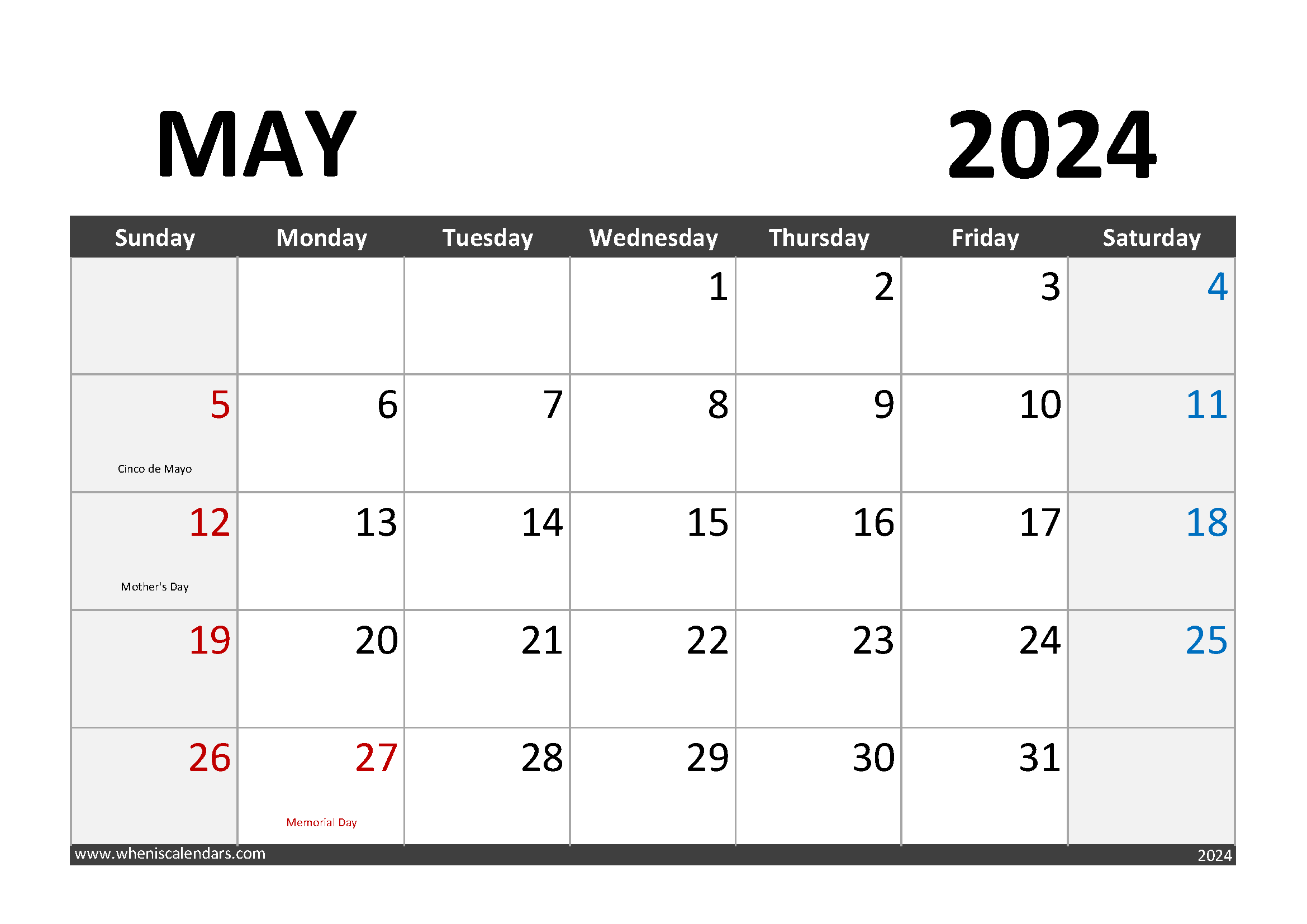 May Calendar 2024 Blank Monthly Calendar