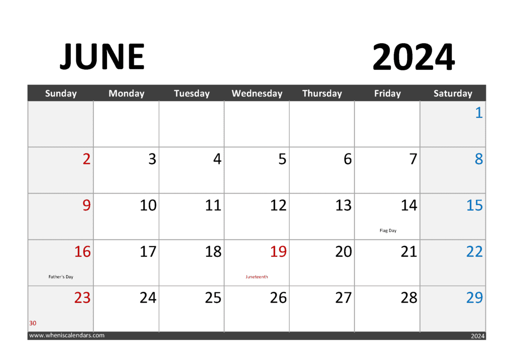 Download June Calendar 2024 Blank A4 Horizontal J64284