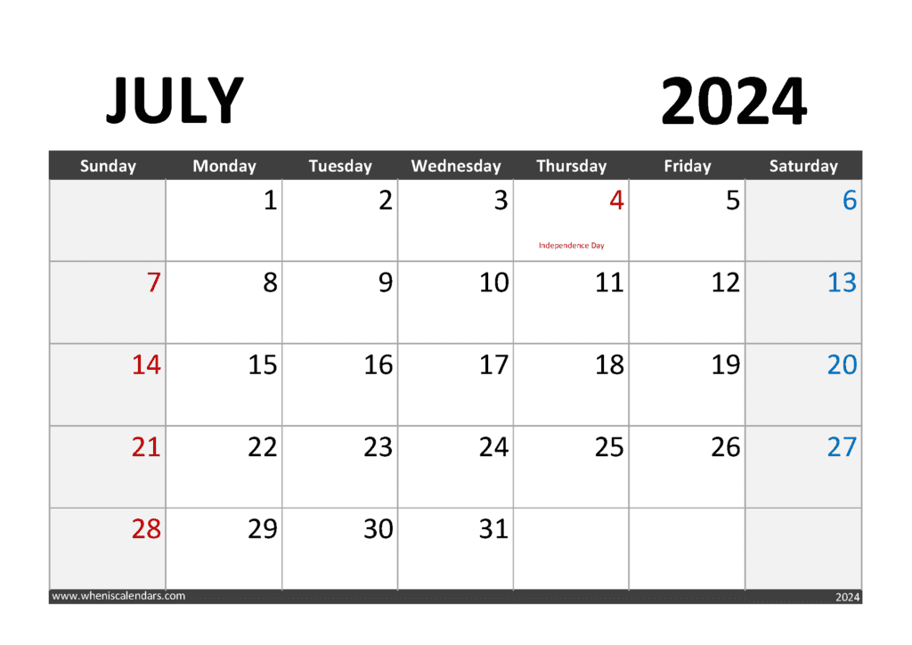 Download July Calendar 2024 Blank A4 Horizontal J74284