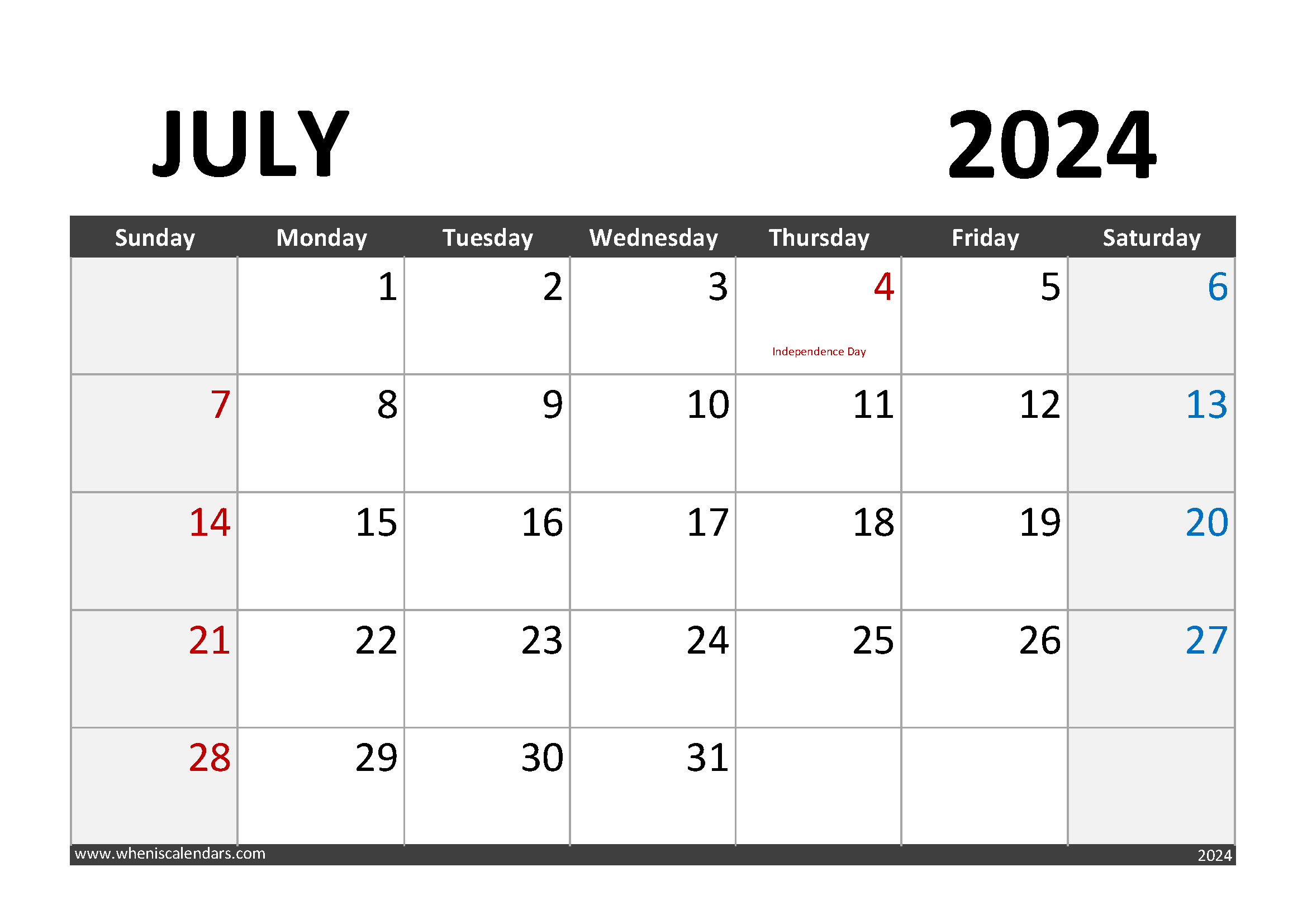 July Calendar 2024 Blank Monthly Calendar