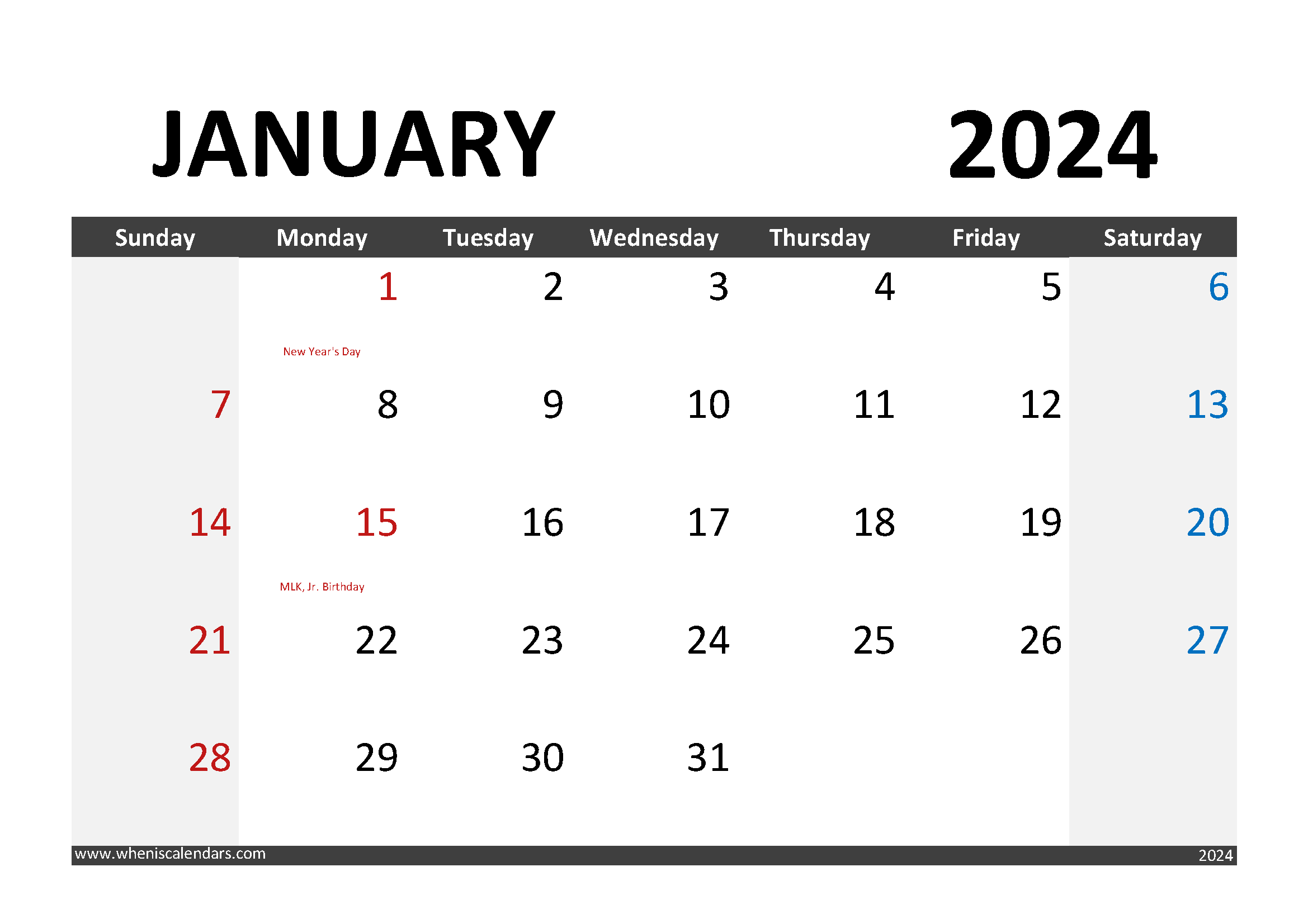 print 2024 January Calendar Monthly Calendar