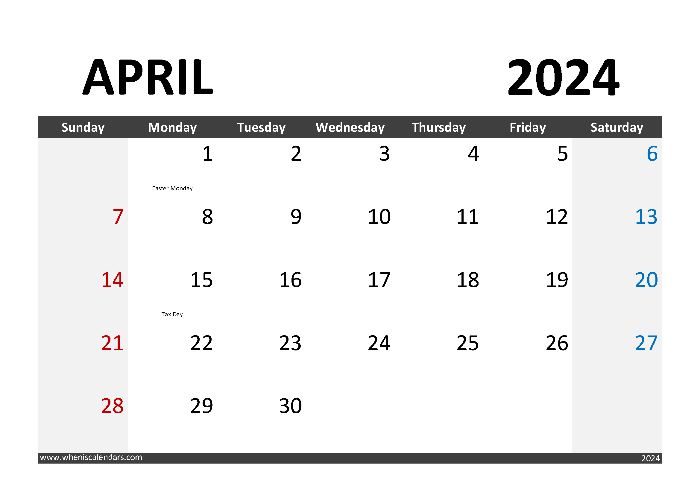 Calendar April 2024 printable A44005