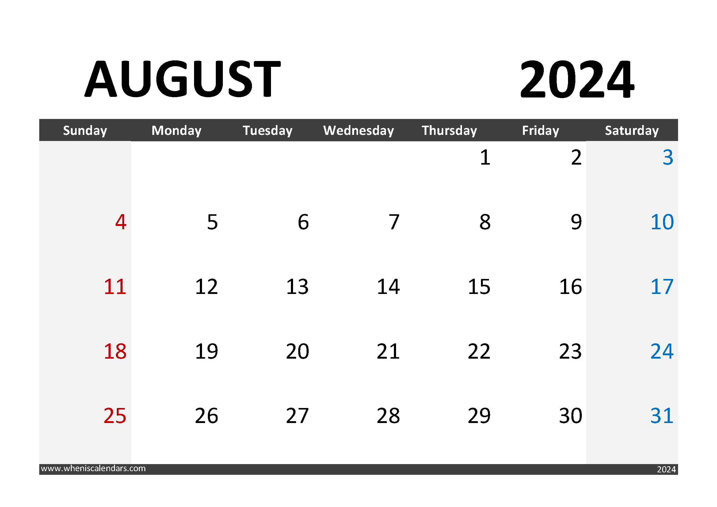 print 2024 August Calendar Monthly Calendar