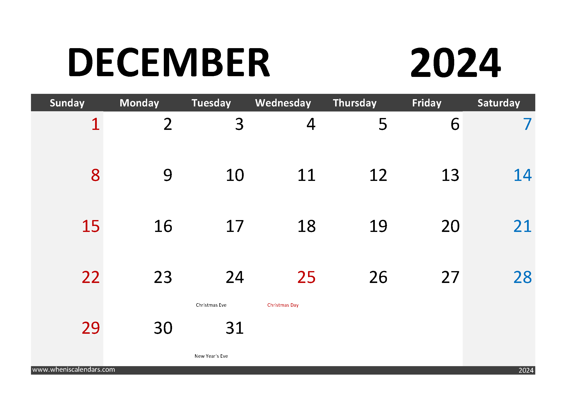 print 2024 December Calendar Monthly Calendar