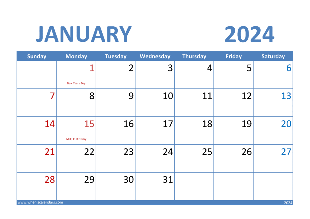 Download free January Calendar 2024 with Holidays printable A4 in horizontal landscape