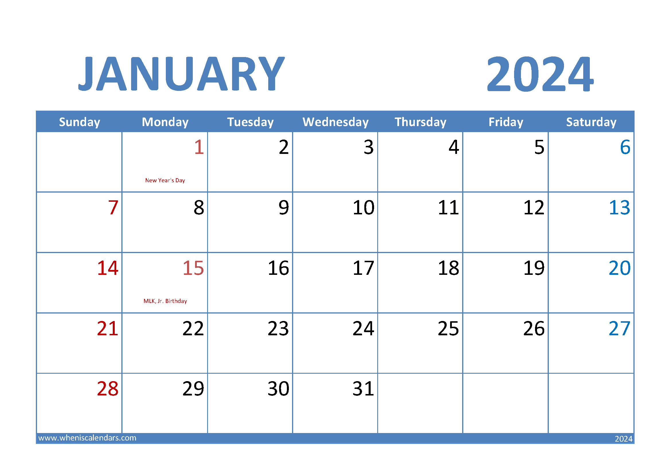 January 2024 Calendar excel Monthly Calendar
