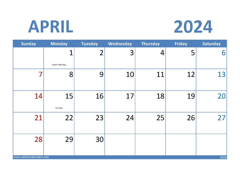 Download free April Calendar 2024 with Holidays printable A4 in horizontal landscape