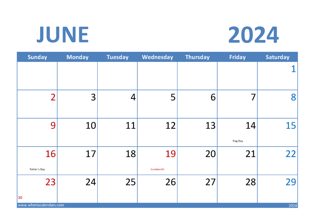 Download free June Calendar 2024 with Holidays printable A4 in horizontal landscape