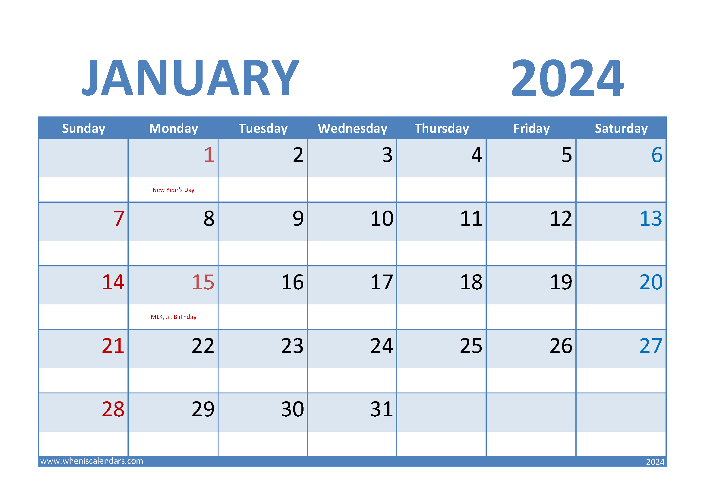 Blank Calendar Template January 2024 Printable Monthly Calendar