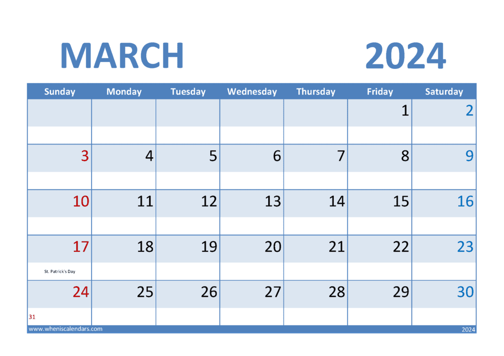 Download Blank Calendar Template March 2024 Printable A4 Horizontal M34287