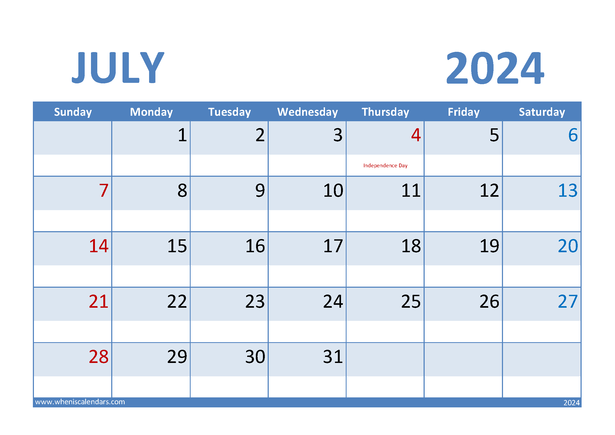 Blank Calendar Template July 2024 Printable Monthly Calendar
