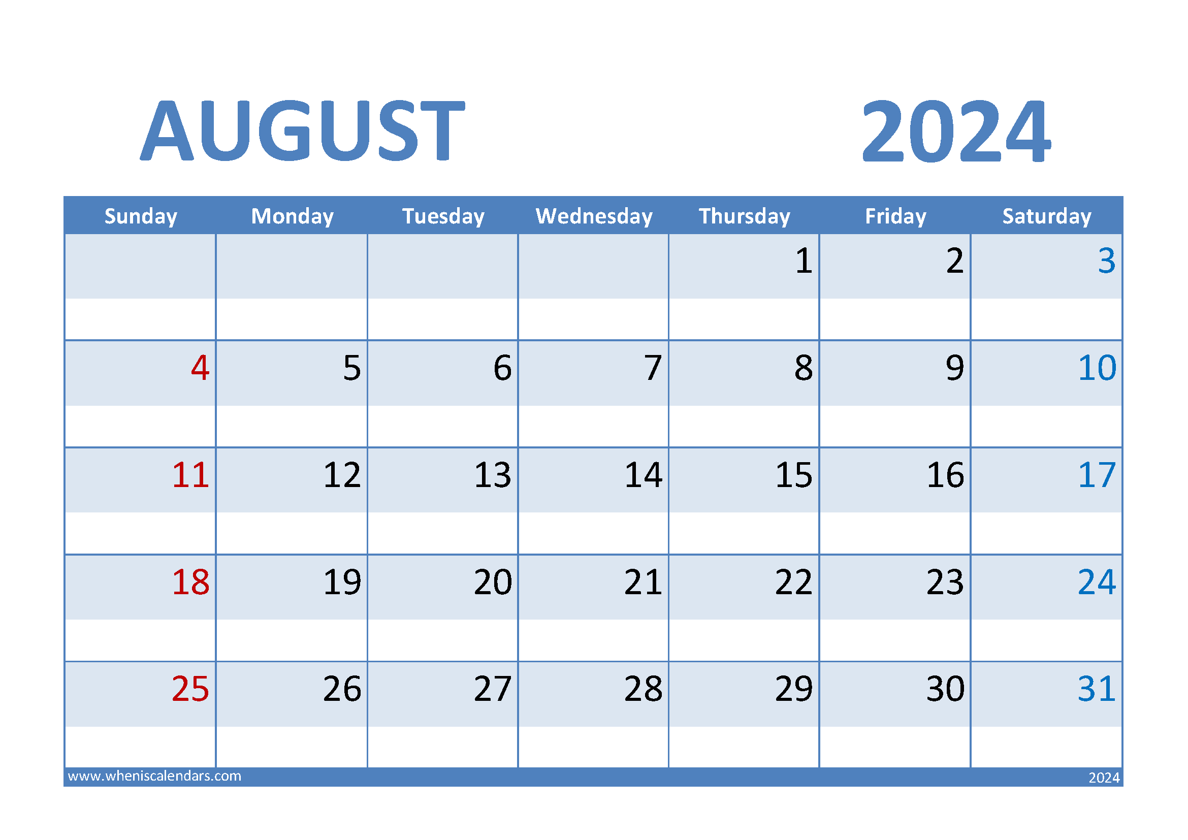 Blank Calendar Template August 2024 Printable Monthly Calendar