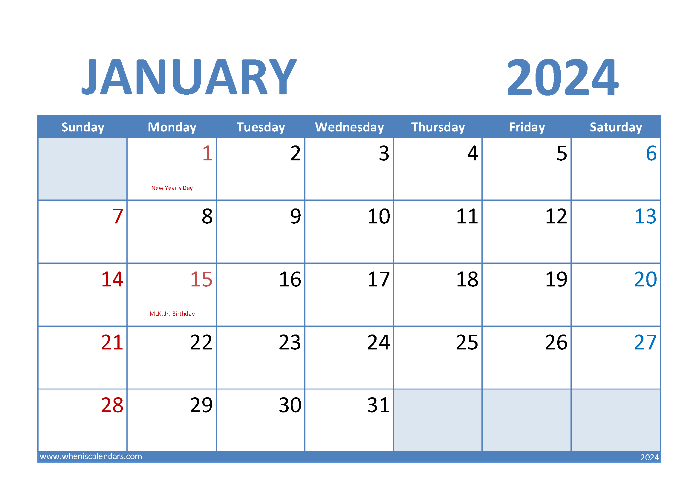 January 2024Calendar Printable Monthly Calendar