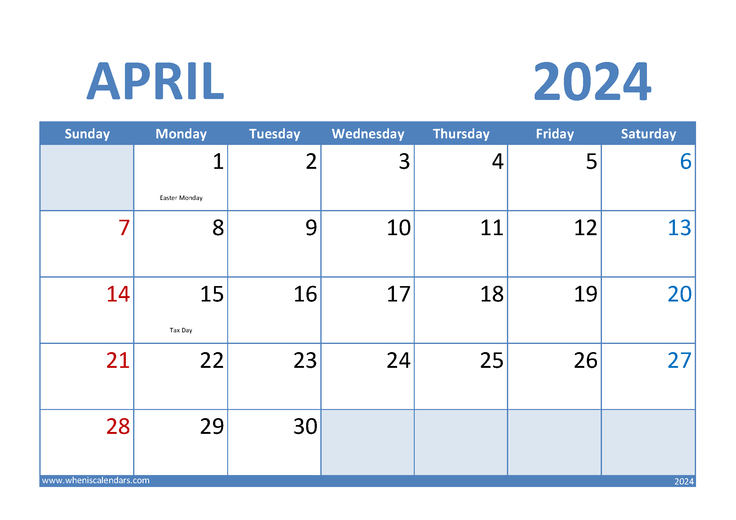 April 2024Calendar Printable Monthly Calendar
