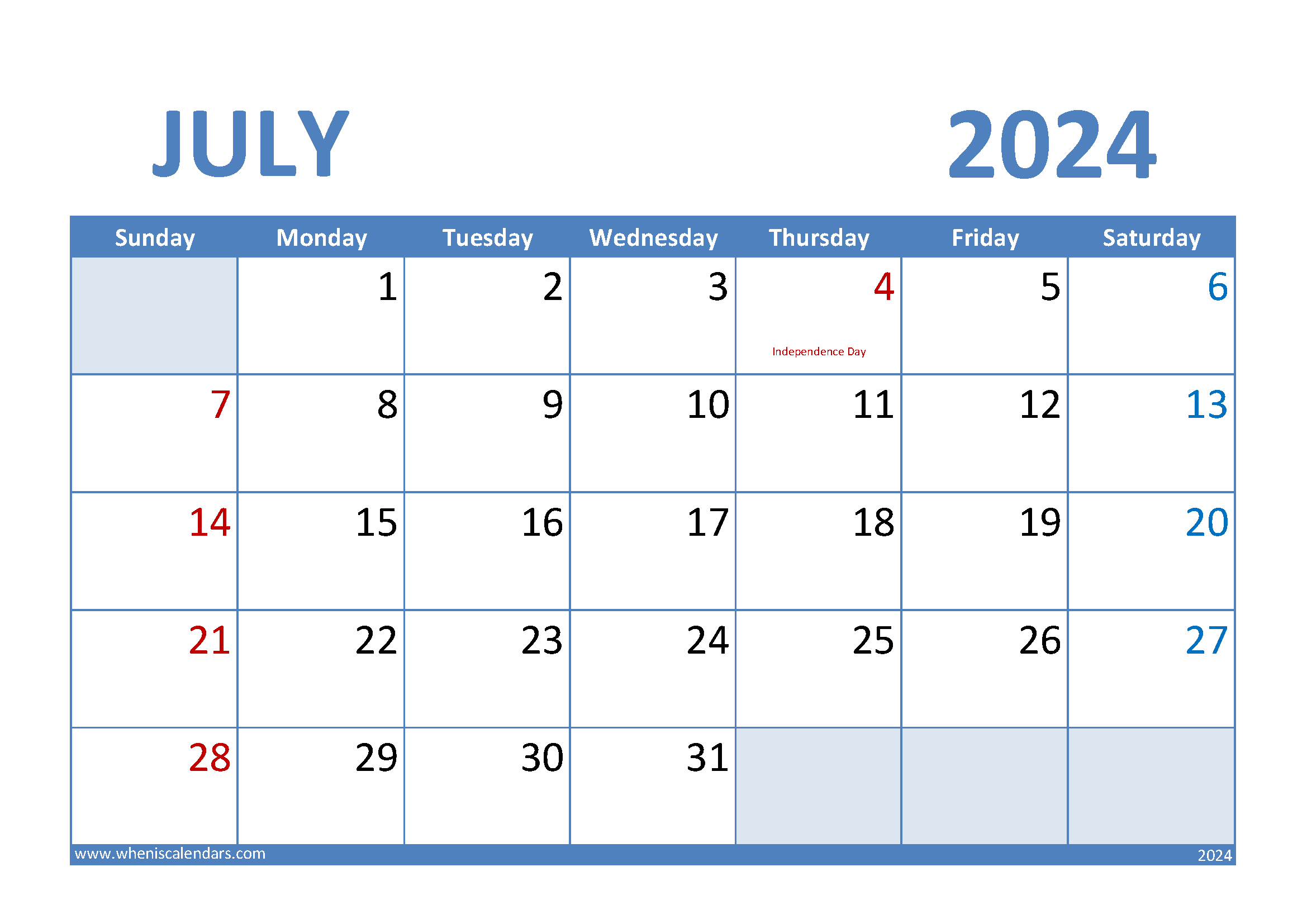 July 2024Calendar Printable Monthly Calendar