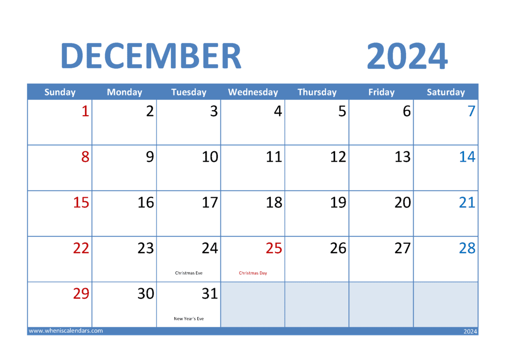 Download free Calendar 2024 with Holidays printable A4 in horizontal landscape