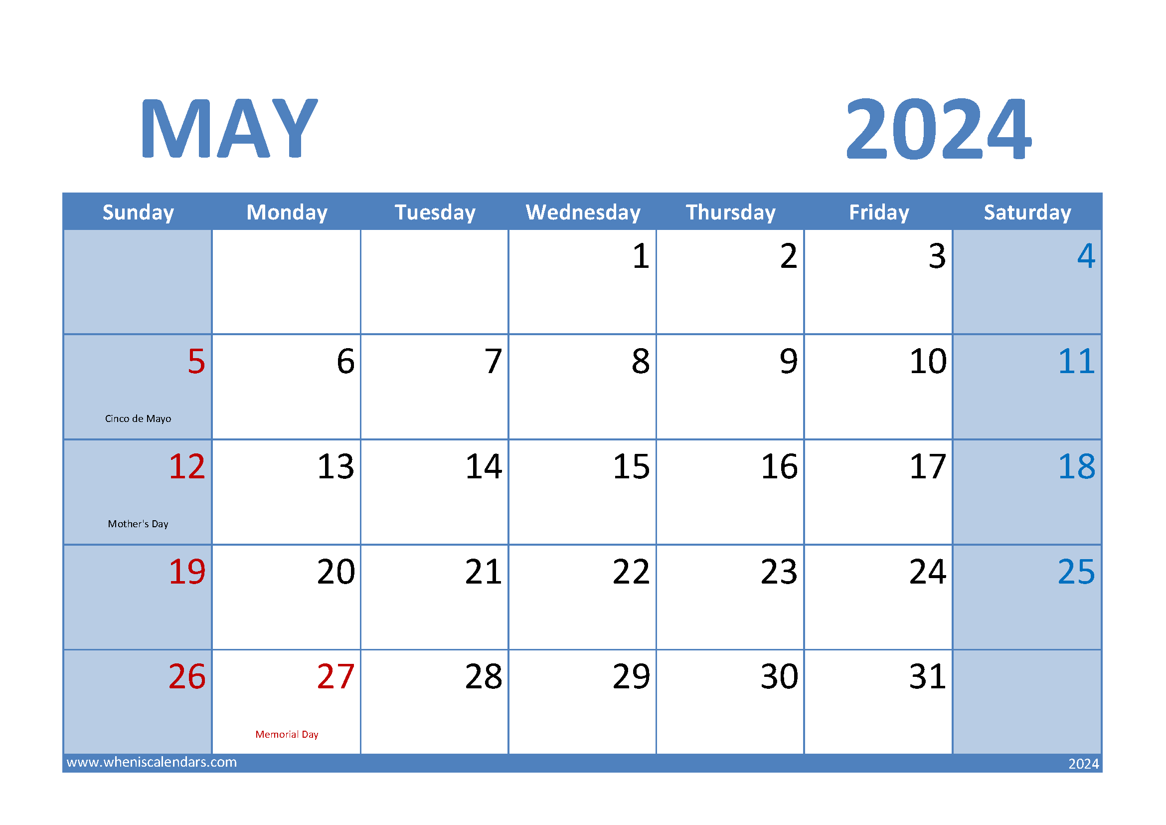 May 2024 Calendar A4 M54009